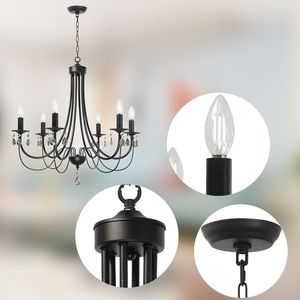 Lampadario a 6 Luci Stile Fattoria per Sala da Pranzo, Nero/Nichel Spazzolato, Lampada a Sospensione Francese Stile Secolare - Product Image 6