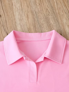 Women Summer High Quality 2 Piece Pink Sporty Shorts Set Short Sleeve Turn-down Collar Crop Top Knee Solid Breathable Knitted - Product Image 4
