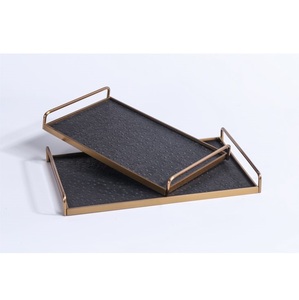 Juego de bandejas cuadradas modernas con textura negra y marco de metal dorado, decoración de lujo para el hogar y hostelería. - Product Image 6