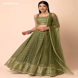 Proveedor de conjuntos de lehenga verde oliva semicosturados con corte en A, de georgette de alta calidad con hilo Zari y múltiples lentejuelas, de Surat. - Product Image 1