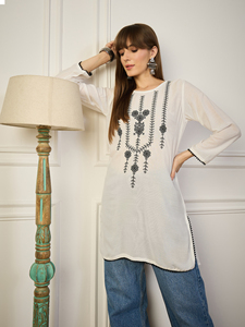 RN Blanc Brodé Viscose Coton Coupe Classique Décontracté Longueur Cheville Style Ethnique Indien Pakistanais Séchage Rapide Toutes Saisons Femme - Product Image 3