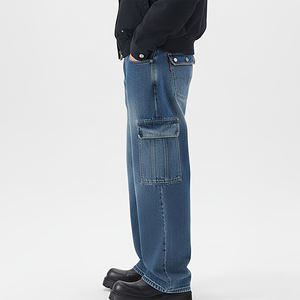 Pantalones de Alta Calidad Hechos a Medida con Bolsillos Laterales Estilo Cargo en Azul Lavado, Ropa Casual Urbana, Transpirables, con Decoración de Botones - Product Image 2