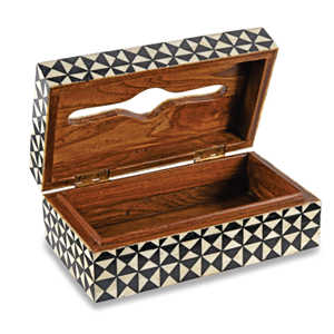 Caja de pañuelos de madera con incrustaciones de hueso de lujo, cubierta geométrica hecha a mano para servilletas, dispensador rectangular de papel, caja decorativa para el hogar - Product Image 1