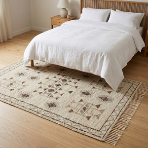 Tapis moderne en jute tissé à la main, géométrique, antidérapant, crème beige marron, tissage plat, kilim, bordure à franges, décoration intérieure - Product Image 5