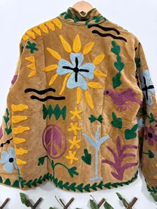 Bohemian Brown <b>Velvet</b> Embroidered Suzani <b>Jacket</b> with Floral Pattern Full Sleeve Stand Collar Handmade <b>Women's</b> Winter Coat - Product Image 2
