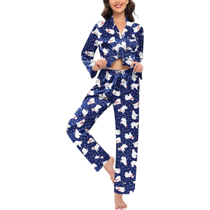 Ensemble de pyjama en satin bleu pour femmes, manches longues, imprimé motif ours polaire, vêtements de nuit doux pour l'hiver - Product Image 2
