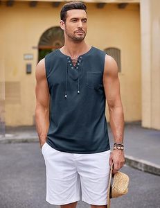 Camisetas sin mangas de lino y algodón para hombre, estilo casual, con cordones, para la playa, estilo hippie. - Product Image 2