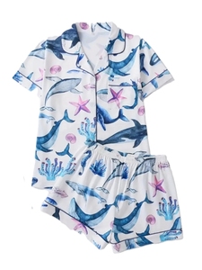 Ensemble pyjama en satin à imprimé géométrique pour femmes, manches courtes, boutons sur le devant, short, vêtements de nuit, tenue décontractée d'été en deux pièces - Product Image 6