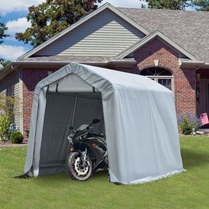 Abri de voiture extérieur gris 8x6 avec porte enroulable, structure en acier moderne, couverture en PE, abri de stockage pour garage, aménagement de stationnement simple pour 2 voitures - Product Image 2