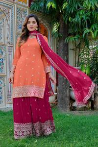 Ensemble Sharara Plazza pour femme en Faux Georgette, richement brodé, avec Dupatta, robe ethnique traditionnelle de mariage à manches longues, effet froissé - Product Image 3