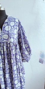 Bohemian Purple <b>White</b> Floral Block Print Cotton Midi Dress With Puff Sleeve Loose Fit Tie Neck Summer Dress For Women - Product Image 3