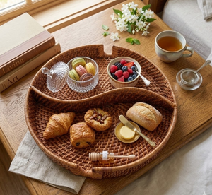 Plateau de service rond en rotin tressé avec séparateur, plateau à collation en osier tressé pour fruits, pain, desserts et moments de thé, fabriqué au Vietnam - Product Image 6