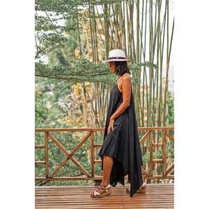 Vestido Maxi Asimétrico Bohemio Negro para Mujer, Vestido de Algodón sin Mangas con Tirantes Finos, Ropa de Verano para Vacaciones - Product Image 3