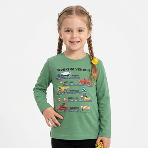 T-shirt à manches longues respirant pour filles, imprimé véhicules de travail, col rond, décontracté, vert, 100% coton jersey 160 g/m² - Product Image 5