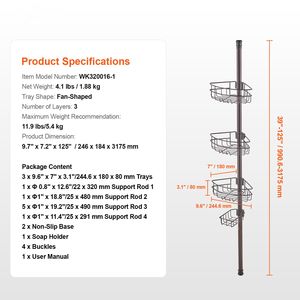 Étagère d'angle de douche multifonctionnelle 39'' (125 cm) avec barre de tension, forte capacité de charge, plateau résistant à la rouille pour salle de bain - Product Image 3