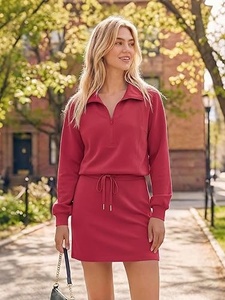 Women <b>Red</b> Knitted Long Sleeve Zip Neck Drawstring Waist Dress - Product Image 1