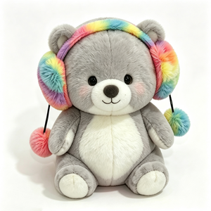 Orejeras de peluche de oso arcoíris personalizadas, orejeras de peluche de oso con pompón, oso de peluche gris esponjoso, orejeras de peluche de arcoíris pastel - Product Image 4