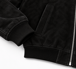Chaqueta bomber de cuero de cabra negro personalizada para hombre, chaqueta de gamuza premium con cremallera, cuello acanalado, ropa casual de calle para hombre - Product Image 5