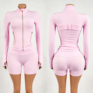 2026 Custom <b>Women's</b> Summer Sports Suit Set <b>Tight</b> Long-Sleeve Zipper Jacket Leopard Print Shorts Set Fitness Exercise Outfit - Product Image 3