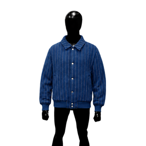 Chaqueta Varsity de Lana con Rayas Azules Personalizada, Chaqueta Bomber para Hombre con Puños Acanalados, Cierre de Botones, Ropa de Calle de Invierno, Venta al Por Mayor, Corte Regular - Product Image 1