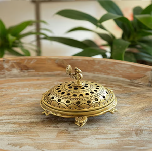 Antique brass dhoop incense <b>burner</b> stand with a long carved <b>side</b> handle for pooja, available at wholesale prices. - Product Image 5