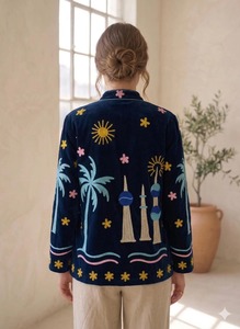 Mandarin Collar Velvet Embroidered Jacket Boho Tropical Print Long Sleeve Loose Fit Spring Outerwear Hand Embroidery <b>All</b> Season - Product Image 4