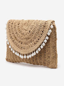 Sac bandoulière bohème en raphia fait main, sac à l'épaule en paille tressée avec perles, sac de plage d'été – Vente en gros Fabricant - Product Image 4