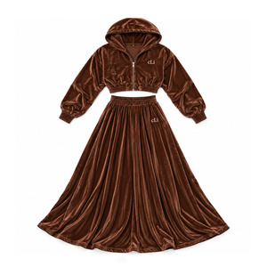 High Quality Chocolate Brown Velour Crop Zip Jacket Floor Length flare Skirt Custom Manufacturer <b>Women's</b> <b>Velvet</b> <b>Tracksuit</b> Hoodie - Product Image 4