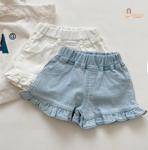 Shorts Bermuda Blancs à Volants pour Filles, Taille Haute Décontractée avec Élastique et Poches, Couleur Unie, en Coton Tissé - Product Image 1