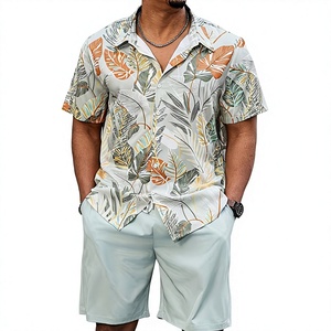 Men's 100% Cotton Satin Quick Dry Short-Sleeve Shirt Drawstring Shorts Set Solid Beach Style Swim Trunks Summer Outfit 180g - Product Image 1