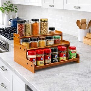 3 Tier Bamboo Spice <b>Rack</b> Expandable Organizer Foldable <b>Bottles</b> Holder for Kitchen Cabinet Countertop - Product Image 3