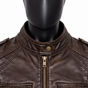 Chaqueta Bomber de Cuero Marrón para Hombre, Cuello Camisero, Cierre de Cremallera, Dos Bolsillos, Corte Ajustado, Manga Regular, Invierno, Ecológica, Casual - Product Image 3