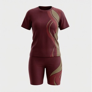 Ensemble de shorts sportifs 2 pièces pour femmes, t-shirt à manches courtes et shorts au-dessus du genou, imprimé géométrique, séchage rapide, col rond, coupe régulière - Product Image 1