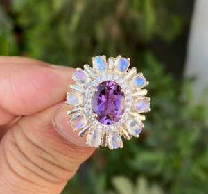 Bague de fiançailles en améthyste, argent sterling, halo de pierre de lune, design floral, bijou pierre de naissance de février - Product Image 3