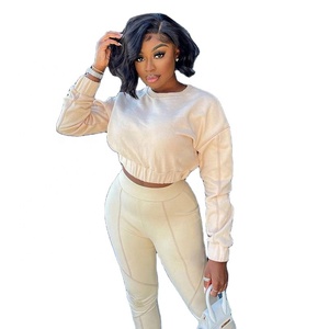 Conjunto de ropa deportiva con logotipo personalizado para mujer, mallas de manga larga con cuello redondo, top corto, camisetas para el sudor - Product Image 1