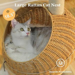 Cat Tree 46” Cat Dinosaur Tower with Scratching <b>Post</b>, Large Rattan Cats House in 18” Diameter, Wicker Cat Bed with Removable Mat - Product Image 3