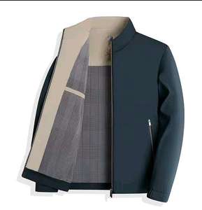 Veste Homme Premium à Col Montant Entièrement Zippée, Vêtement d'Extérieur Décontracté avec Doublure à Carreaux Beige Bleu Marine, Coupe-Vent Léger, Style Streetwear DDP - Product Image 2
