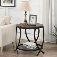 Table d'appoint ronde à 2 niveaux en bois d'acacia naturel avec cadre en métal noir et étagère en maille pour salon, chambre à coucher, meubles de maison