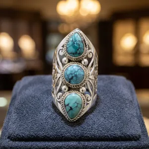 925 Sterling Silver Tibetan Turquoise Statement Ring Handmade Vintage Boho Jewelry Natural Gemstone Women's Fashion Wholesale - Product Image 4