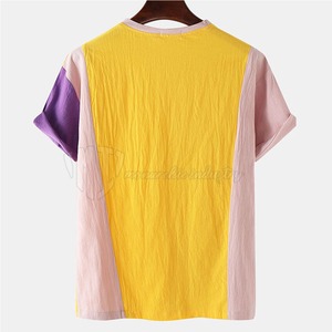 Camiseta de Manga Corta con Cuello Redondo y Bloques de Color para Hombre, Talla Grande, Informal, Transpirable, 100% Algodón, Tejido de 300g, Rosa y Amarillo - Product Image 2