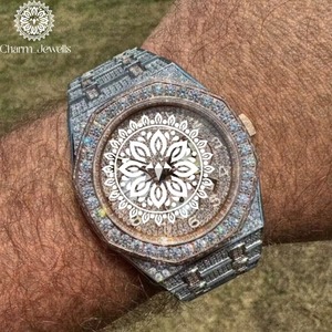 Montre de luxe pour homme en acier inoxydable, étanche, avec diamants Moissanite VVS couleur D, style « Iced Out », du fournisseur indien, en vente - Product Image 5