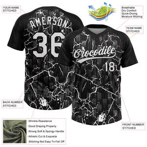 Maillot de baseball personnalisé Yourteams, imprimé par transfert thermique, 100% polyester, noir et blanc, motif craquelé, manches courtes, évacuation de l'humidité - Product Image 3