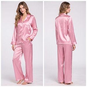 Wholesale Satin Pajama Suit Women's Silky Loungewear Two-Piece Set Button Down Night Shirt Wide Leg <b>Silk</b> <b>Trouser</b> Set Women's - Product Image 4
