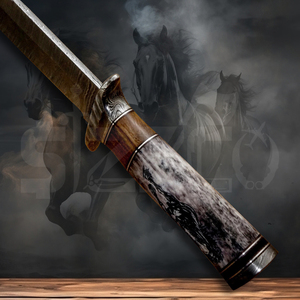 Custom Handmade Damascus Steel Bowie <b>Knife</b> with Stallion Horse Engraved <b>Handle</b> & Leather Sheath Hunting Camping OEM Ideal Gift - Product Image 4
