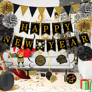 Set de Decoración para Fiesta de Año Nuevo, 15 Piezas, Pancarta Negra y Guirnalda de Papel Dorado, 6 Serpentinas Colgantes - Product Image 3