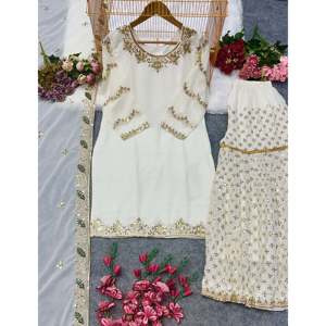 Bhojal Diseñador de moda Ropa de fiesta blanca para mujer Talla M Top Bottom Dupatta Set - Product Image 4