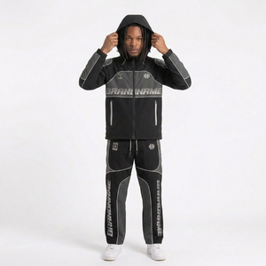 Black 2-Piece Sweat Suit Tracksuit Hooded Zip-Up Jacket <b>Nylon</b> <b>Track</b> <b>Pants</b> Windproof Breathable Casual Sport Wear Loose Fit - Product Image 5