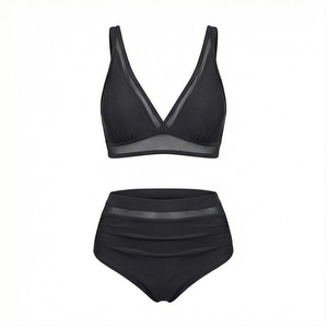 Women's Black 2 Piece <b>Bikini</b> <b>Set</b> Deep V Neck Mesh Trim High Waist Swimwear Stretch Nylon Spandex Solid Color - Product Image 1