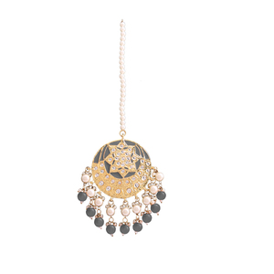 Ethnic Style Alloy Maangtikka With <b>Blue</b> <b>Beads</b> And Pearl Chain Handmade For Wedding Bridal Occasion - Product Image 1