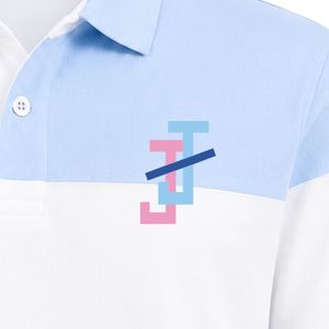 Light <b>Blue</b> White Striped <b>Polo</b> <b>Shirt</b> Short Sleeve Color Block Collared Button Front Casual Golf Teamwear with JJ Logo Embroidery - Product Image 5